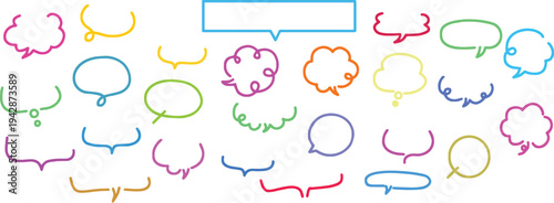Hand Drawn Colorful Speech and Thought Bubbles Set. Comic Dialogue Doodle, Chat Frames Multicolor Outline, Cartoon Communication Vector Collection