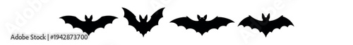 Black bat silhouettes in flying poses arranged on a horizontal strip for halloween or night theme graphics.