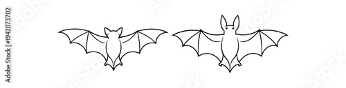 Two black outline bats in side and front angles, clean line art useful for icons, stickers, and seasonal design.
