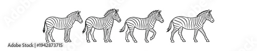 Simple black outline zebras in walking poses arranged in a row for wildlife graphics and backgrounds.