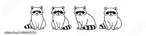 Four raccoon characters in sitting and three quarter views, simple monochrome line art for stickers, avatars, and kids design.