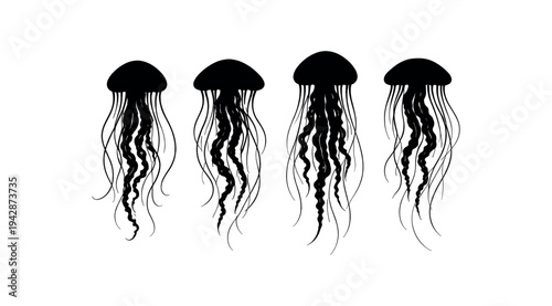 Four black jellyfish silhouette icons with different tentacle shapes arranged in a row, perfect for ocean design, posters, and marine-themed graphics.