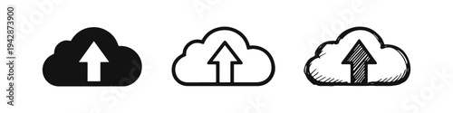 Cloud upload icons set in flat, outline, and doodle styles