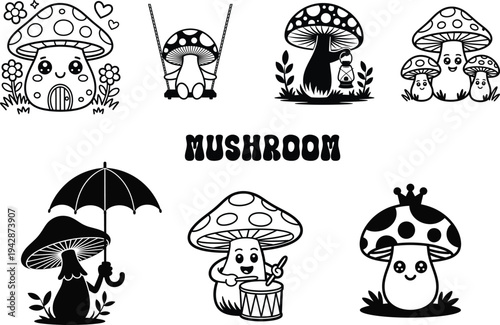Black and white mushroom with various cartoon characters