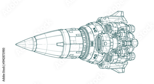 Detailed Technical Line Drawing of a Futuristic Sci-Fi Spaceship Rocket Engine for Concept Art View