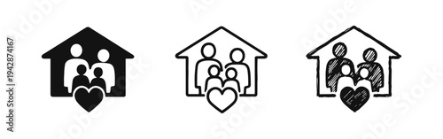 Family Home Love Icon Set Representing Shelter, Care, and Togetherness