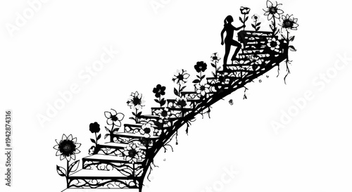 Silhouette of a person climbing stairs adorned with blooming flowers, symbolizing growth and aspiration.