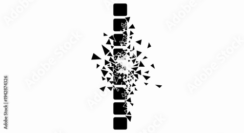 Abstract geometric pattern exploding into fragments against a white background.