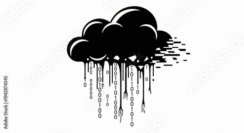 Dark cloud raining binary code with digital glitch effect