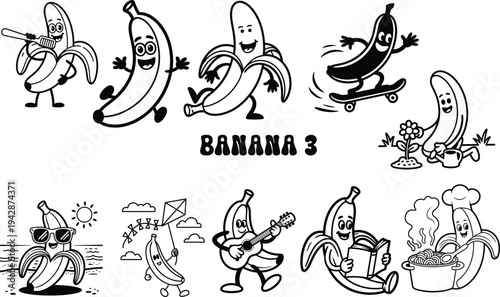Cartoon banana characters various activities smiling