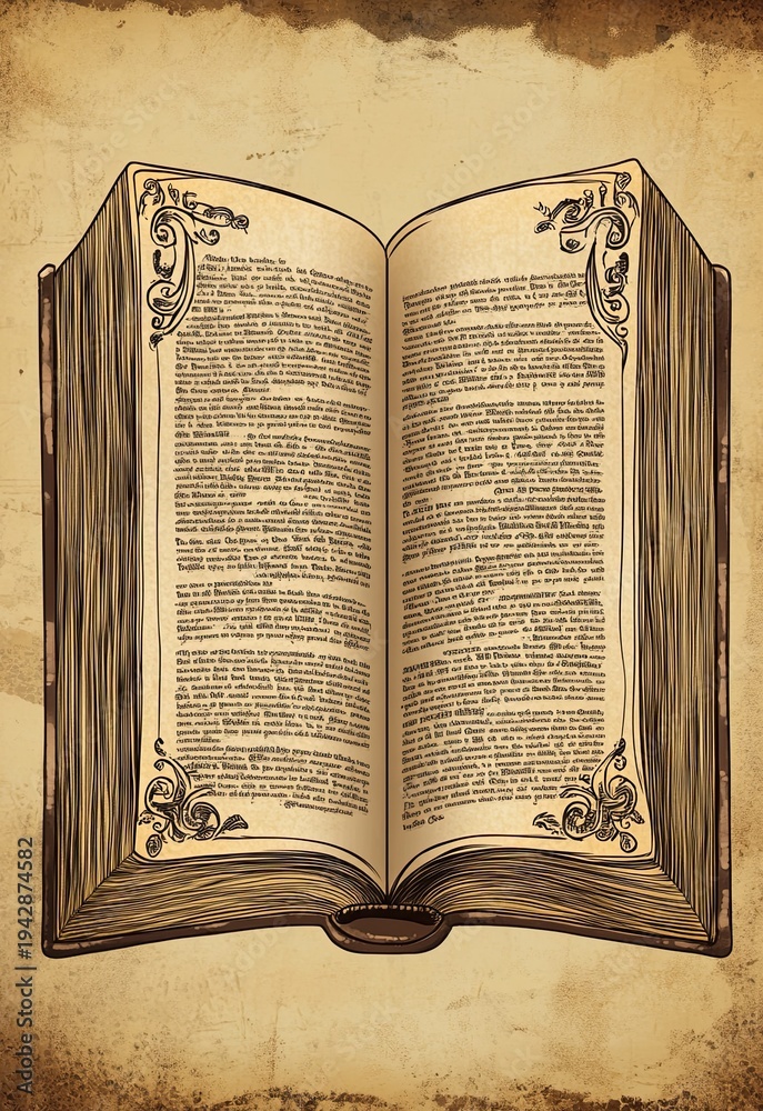 Fototapeta premium An open antique book with ornate decorative flourishes in the corners, filled with dense serif text, set against a parchment-like background