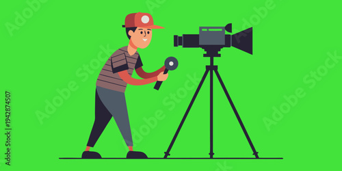 Filmmaker in Action: A filmmaker dressed in casual wear intensely focuses on the set with vintage camera on tripod against bright green backdrop.