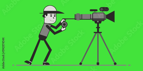 Behind the Lens: A cinematographer captures the moment, diligently operating professional equipment to record the scene, set against a vibrant background.