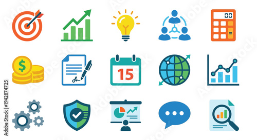 Business and finance icons representing growth strategy and success