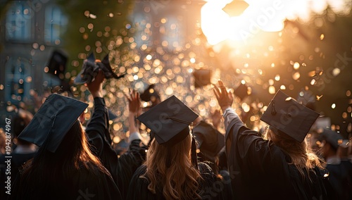Grads toss caps in air celebrating as confetti falls at sunset