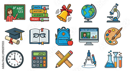 Colorful icons representing various aspects of education and learning