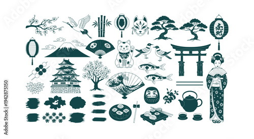 Set of Traditional Japanese Symbols Featuring Pagoda Sushi Geisha Bonsai Crane and Torii Gate