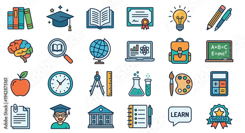 Colorful icons representing education learning and academic achievement
