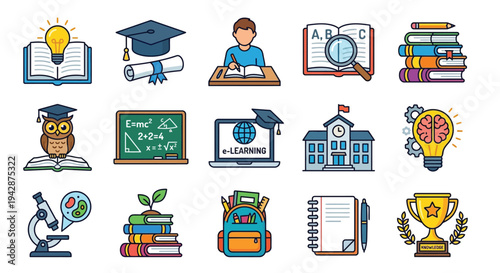 Colorful icons representing education learning and academic achievement
