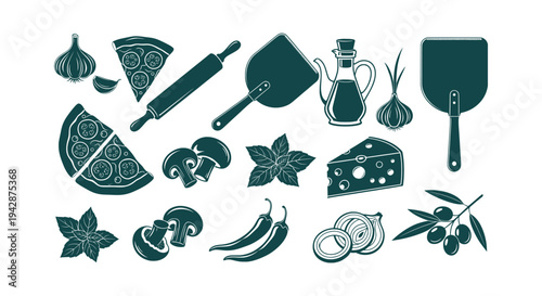 Professional Italian Pizza Cooking Elements Vector Icons Collection with Ingredients and Kitchenware