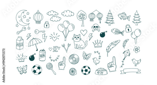 Decorative Hand Drawn Doodle Icon Set with Moon Stars Animal and Nature Sketch Vector Collection