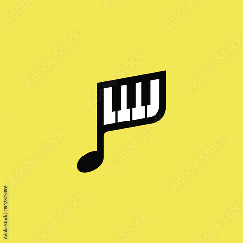 Modern Piano Key and Music Note Logo Design on Yellow Background