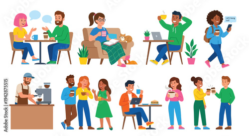 Diverse group of people enjoying coffee and socializing in various settings