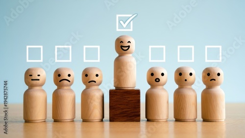 Wooden human figures with various facial expressions and one happy figure on a pedestal with a checkmark, representing customer satisfaction or survey feedback
