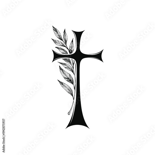 Minimalist black cross with laurel leaves illustration vector religious symbol