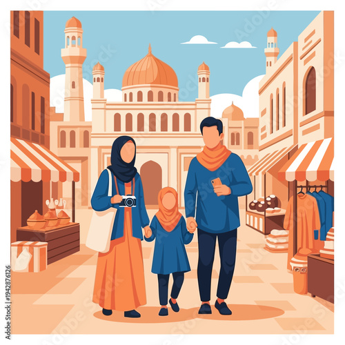 Muslim family in traditional wear walking down a city street together