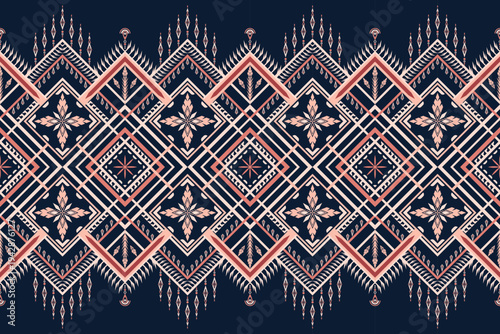 Seamless tribal geometric textile pattern in navy and pink. Perfect for fashion fabrics, garment production, upholstery textiles, printing industry, and decorative surface pattern manufacturing.