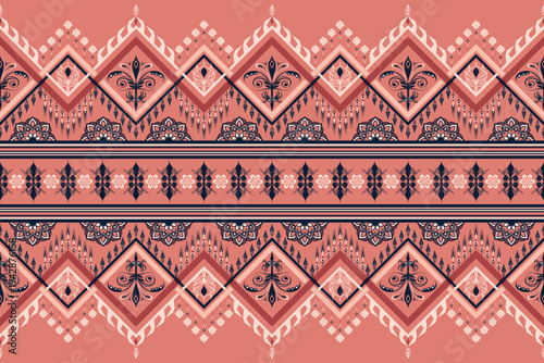 Seamless ethnic floral border pattern in coral and navy. Ideal for fabric printing, fashion textiles, garment manufacturing, upholstery fabric, home decor, and traditional surface pattern design.