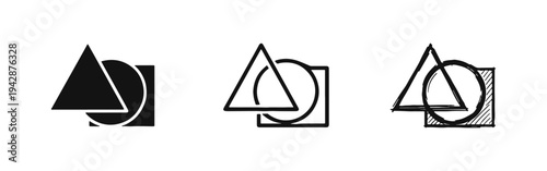 Overlapping Geometric Shapes Icon Set - Abstract Composition in Solid, Outline, and Hand-Drawn Styles