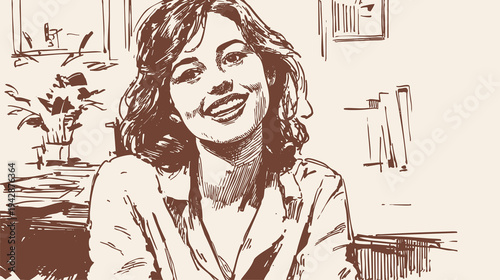 Smiling young woman portrait at cozy home office. Friendly female looking at camera near plants and desk. Pencil hand drawn line sketch style. Background for lifestyle blogs.