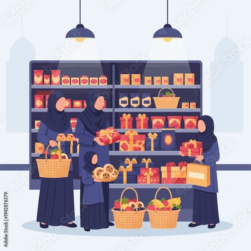 Muslim women shopping for gifts and groceries in a store