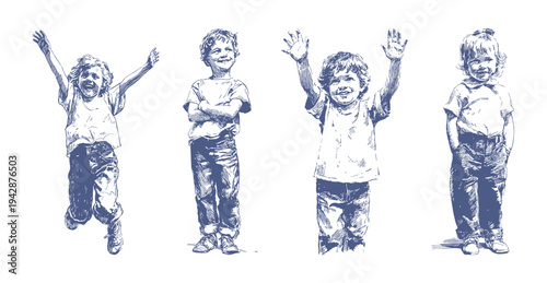 Joyful children sketch style happy expressive poses. Kids raising hands, standing confident and smiling in playful mood. Pencil hand drawing style illustration, banner for kindergarten branding.