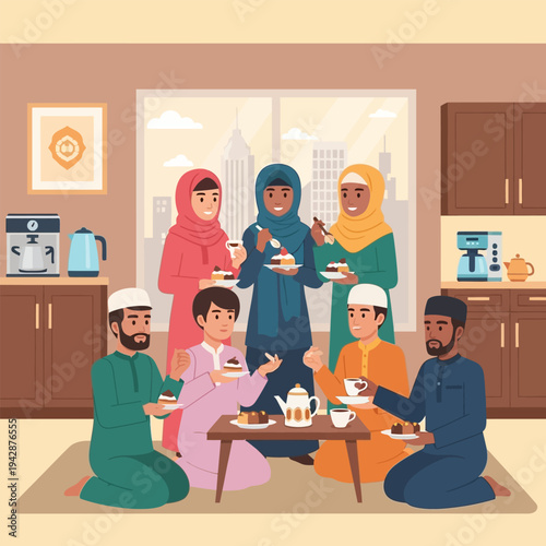 Muslim Friends and Family Sharing Meal Together, Vector,