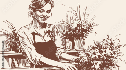 Smiling florist arranging fresh flowers at workspace. Woman in apron preparing bouquet on table, banner for flower shop branding. Ink hand drawn line sketch style.