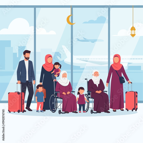 Muslim family at the airport ready for a trip with their luggage