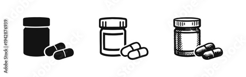 Medicine Bottle and Pills Icon Set: Pharmaceutical Drug Container and Capsule Symbols for Health and Wellness
