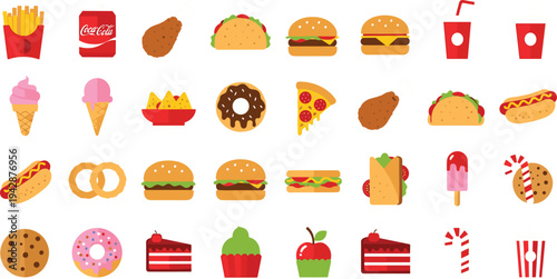 Fast Food and Dessert Icon Set Featuring Burger, Fries, Pizza, Taco, Donut, Ice Cream, Soda, and Sweet Snacks