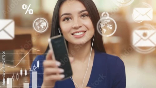 Happy Woman Using Mobile Fintech App with Financial Statistics and Digital Growth
