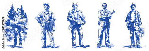 Electricians technicians repairmen industrial maintenance workers professional illustration. Skilled workers holding cables and tools. Ink hand drawn sketch style for electrical service advertising.