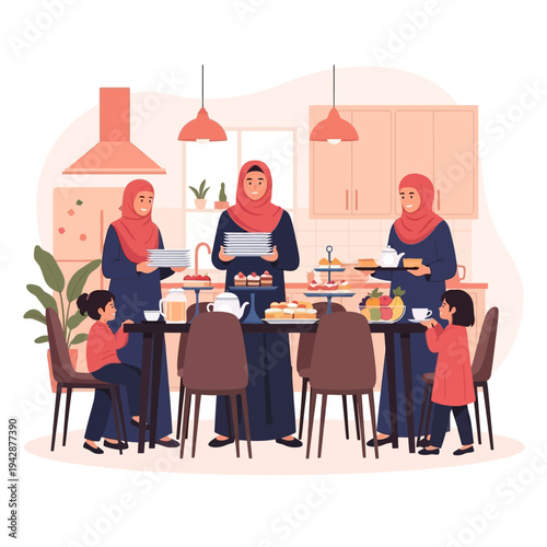 Muslim woman serving food in the kitchen with children