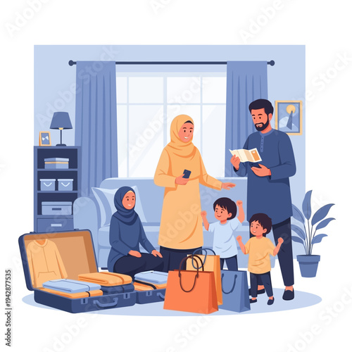 Family getting ready for a trip packing their bags in their living room