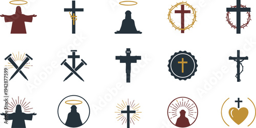 Christian religious icon set with Jesus Christ silhouette, cross symbols, crown of thorns, halo, sacred heart, and faith signs for church and biblical design