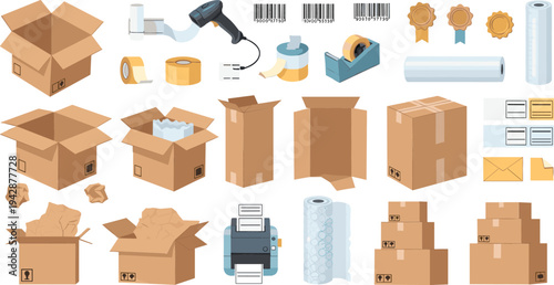 Packaging and shipping supplies vector set with cardboard boxes, barcode scanner, packing tape, bubble wrap, labels, envelopes, and logistics delivery materials