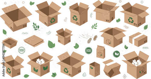 Eco friendly packaging vector set with recyclable cardboard boxes, green leaves, sustainable shipping materials, eco symbols, and environmentally friendly delivery concepts