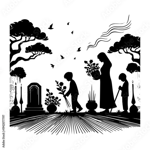 Memorial Visit Line Art – Family Cleaning and Placing Flowers at Grave