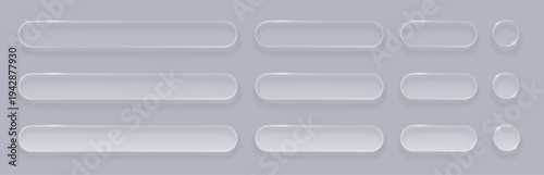 Set of transparent glass buttons and banners. Vector realistic glassmorphism UI kit with glossy rounded rectangles and circles on grey background for web design and app interface.